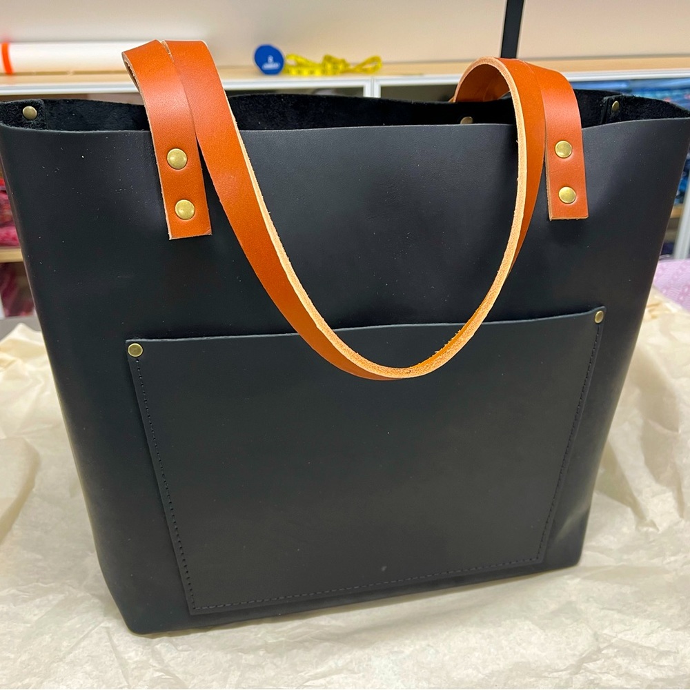NIB Portland Leather Goods Black LARGE tote with tan handles